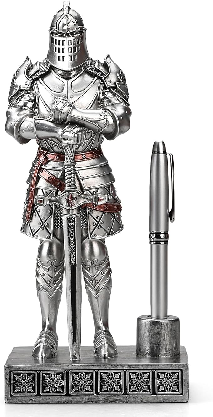 Knight Pen Stand Decoration Resin Pen Holder Art Craft Paperweight for Desktop Organizer Festival Gifts for Boyfriend Husband Dad Son(Silver)