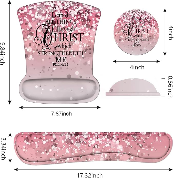 Keyboard Wrist Rest and Mouse Pad Wrist Support Set with Coasters, Non-Slip PU Base Ergonomic Gaming Mousepad for Home Office Working Studying Easy Typing & Pain Relief, Bible Verse Phil 4-13