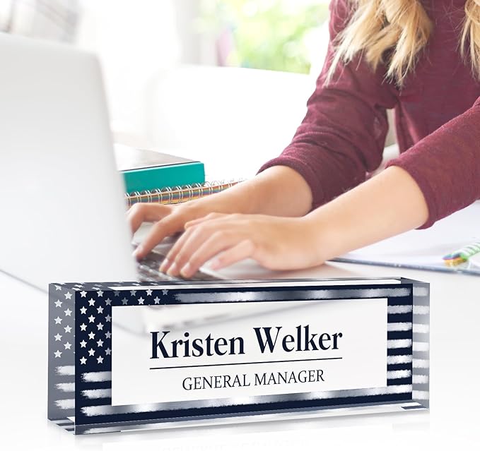 Custom Name Plate for Desk, Personalized Desk Name Plate on Clear Acrylic Glass, Appreciation Gifts for Teacher Employee Boss Coworkers Nurse, Office Desk Accessories for Women Men (Navy Blue)