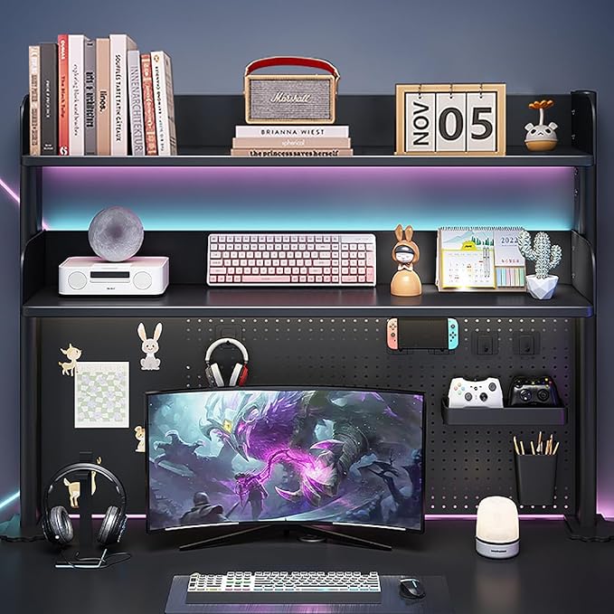 Clamp on Desk Shelf with Pegboard, Black Desktop Organizer Bookshelf Storage Shelves for Home Office Dorm Gaming Desk, Space Saving Tabletop Display Rack Organization, 31.5x37.5in