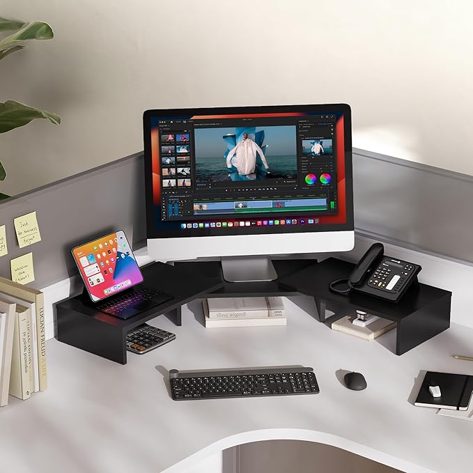 FITUEYES Dual Monitor Stand – 3 Shelf Computer Monitor Riser, Wood Desktop Stand with Adjustable Length and Angle, Desk Accessories, Office Supplies Medium Black,DT108001WB