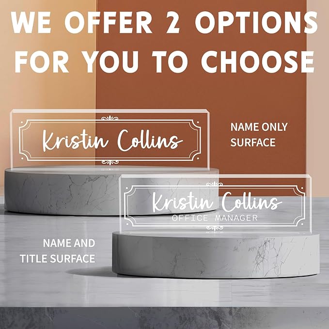 Custom Name Plate for Desk, Personalized Name Plate on Clear Acrylic Glass, Appreciation Gifts for Teacher Employee Boss Coworkers Nurse, Office Desk Accessories for Women Men (Engraved Classic)