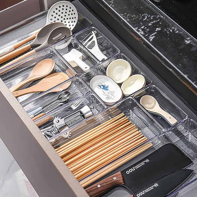 Voova 6 Pack Plastic Drawer Organizers Set,3-Size Kitchen and Office Desk Drawer Organizer Trays, Acrylic Non Slip Storage Bin Divider for Makeup,Jewelry,Gadgets Utensils,Bedroom,Bathroom Vanity,Clear
