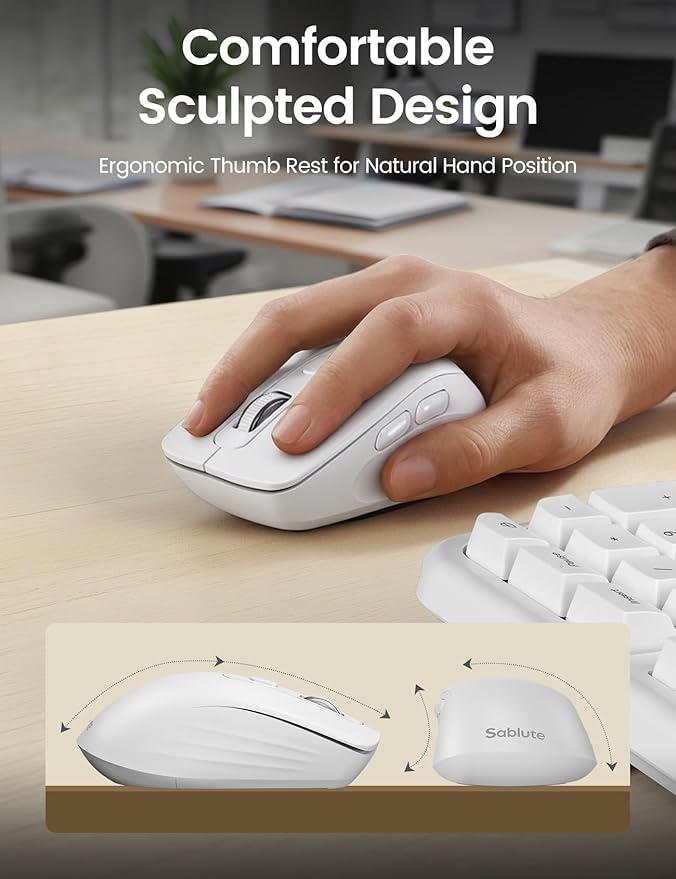 White Ergonomic Wireless Keyboard and Mouse Combo, 2.4G Full Size Ergo Wave Key Board with Cushioned Plam Rest, Natural Typing, 3 DPI Adjustable Silent Mouse for Computer/Laptop/Windows/Mac - Sablute