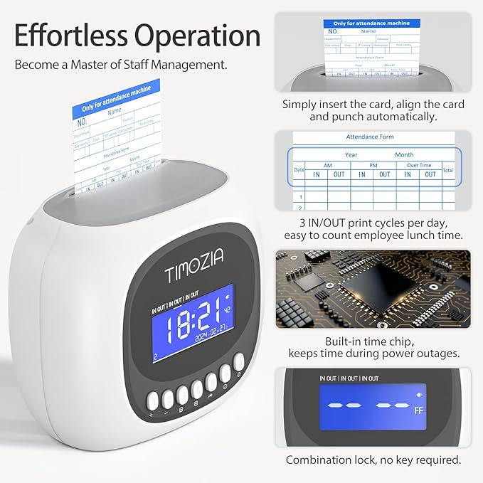 Time Clock with Passcode, Auto-Align Time Card Machine, 6 Punches per Day | Time Clock Punch Machine with 100 Time Cards, 2 Ink Ribbons(1 Inside) and 1 Rack