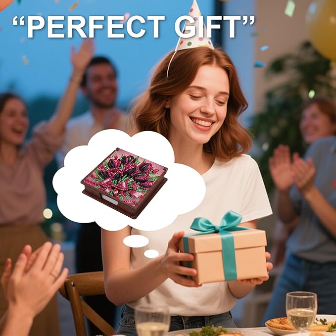 Wooden DIY Tulip Bouquet Diamond Art Notecard Box – DIY Gem Art Sticky Note Holder for Adults 160 Sheets Memo Pad Storage