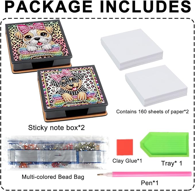 2 pcs Dog Diamond Painting Kit Note Box,Animal Memo Paper Storage Box Diamond Art,Sticky Note Holder Diamond Art,Diamond Painting Memo Pad For Office Desk. (Animal)
