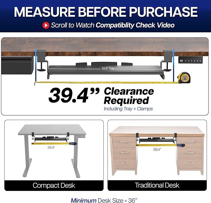 VIVO Extra Long Clamp-on Computer Keyboard and Mouse Under Desk Slider Tray, 34 x 11 inch Pull Out Platform Drawer, Black, MOUNT-KB15EB