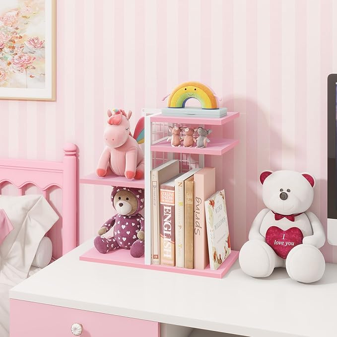 ELITEROO Desktop Bookshelf, Tiered Desk Organizer Shelf, Wooden Tabletop Bookshelf Small Desk Book Shelf, Dresser Top Organization Storage Rack and Desk Decorations for Women Office, Pink