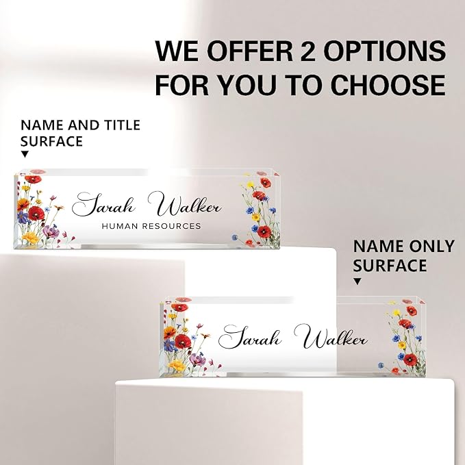 Name Plate for Desk, Desk Name Plate Personalized, Flowers Office Decor for Women Men, Acrylic Desktop Accessories, Office Gifts for Boss Nurse Teacher Coworker, Employee Appreciation Gift (Pink/Blue)