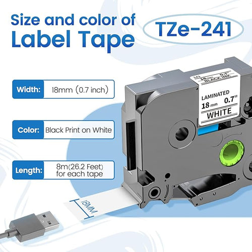 6-Pack Replace for Brother P Touch Label Tape TZe-241 TZe241 Compatible with Brother Label Maker Tape TZe TZ Tape PT-D410 PT-D400 PT-D610BT PT-D600, 3/4 18mm 0.7 Laminated Black on White, Anycolor