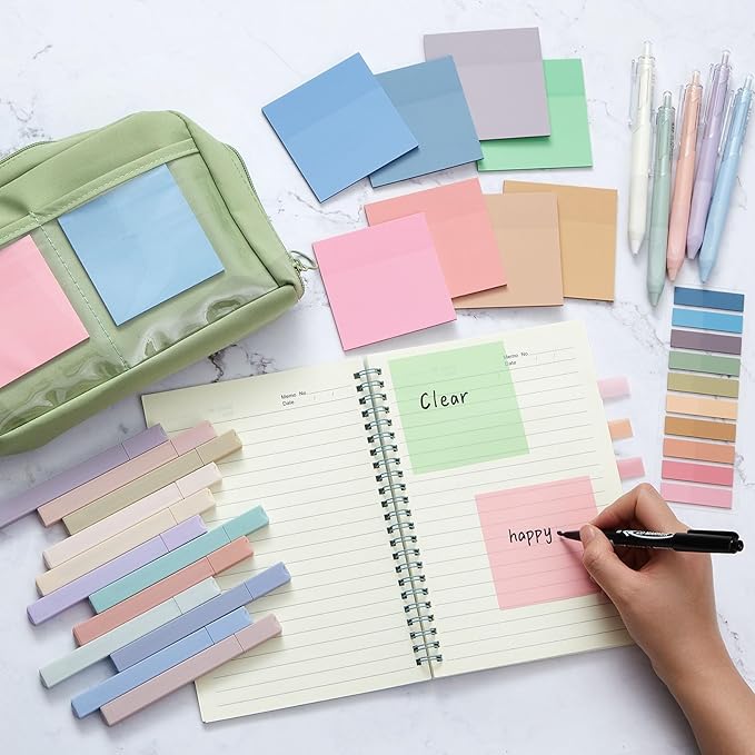 Jutom 39 Pcs Aesthetic Book Annotation Kit Highlighter with Pencil Case Bag Gel Pen Transparent Sticky Note Taking Bible Study College School Supplies(Green,Kawaii Style)