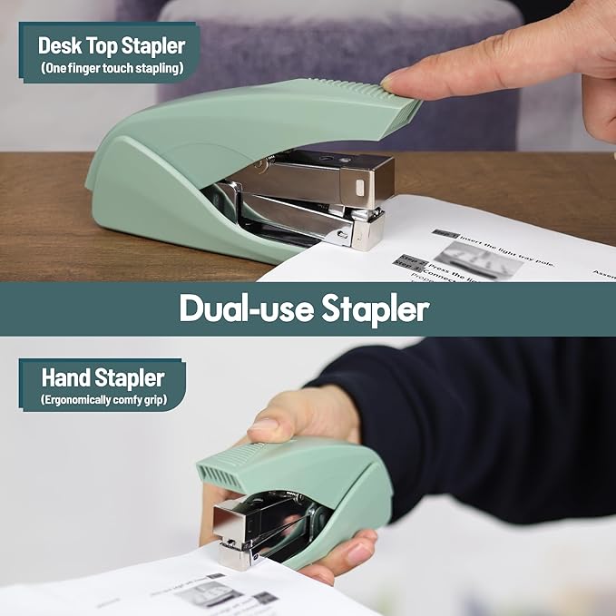 AFMAT Effortless Stapler for Desk, 50 Sheet Capacity, Low Force, Built-in Staple Remover, One Finger Touch Stapling Desktop Stapler, Portable & Space Save Size, Good for Home & Office ES10(Green)