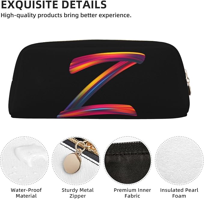 Cute Initial Pencil Case for Kids Simple Leather Pencil Pouch for Boys Girls Letter Design Pencil Box Pen Bag Pencil Pouch Office Stationery Organizer, Rainbow Letter Z