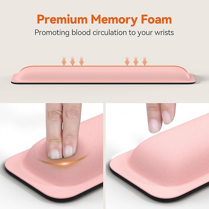 TECKNET Wrist Rest for Computer Keyboard, Thicken Memory Foam Wrist Support Pad for Keyboard, Ergonomic Palm Rest for Pain Relief, Anti-Slip Rubber Base, 17x3.3 in, 1 inch (25mm), Pink