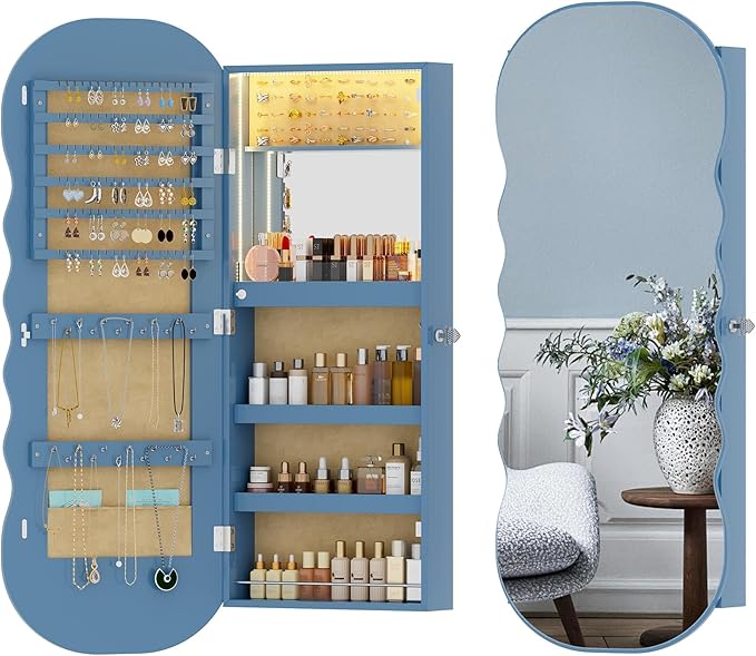 HNEBC LED Mirror Jewelry Cabinet,Wall or Door Mounted Jewelry Armoire Organizer with Lights,Lockable Wide Wavy Mirror with Storage,42.5" L Full Length Mirror with Jewelry Storage,Interior Mirror