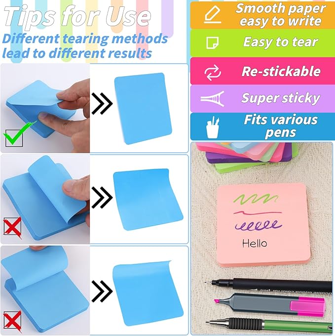 60 Pads Round Corner Sticky Notes 3x3 in Post, 12 Bright Colors Self-Stick Note Pads it, Strong Adhesive Paper Memo Pads, 75 Sheets/Pad, Colored Note Pad Easy to Post for Home, Office, Notebook