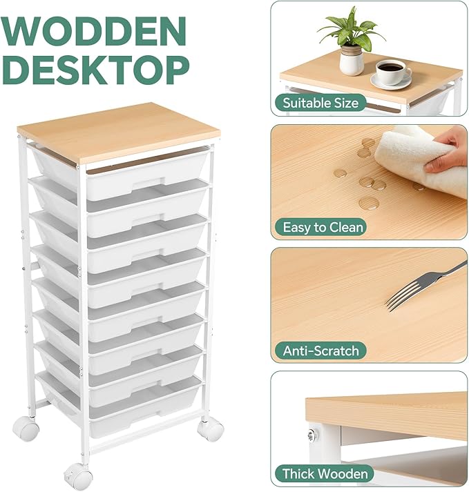 Rolling Cart with 8 Drawers, Art Cart with Large Storage Drawers and Thick Wooden Tabletop, Utility Craft Cart for Living Room, Office, Classroom, Craft Room, Bedroom, Dorm, White
