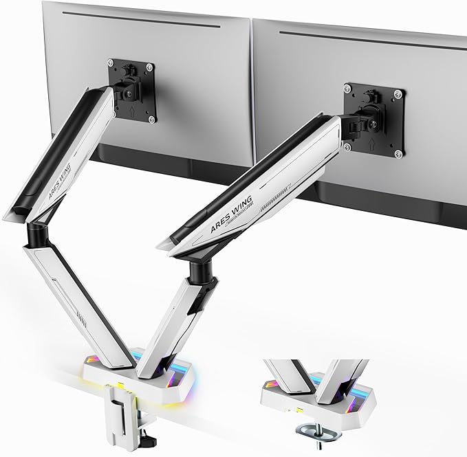 ARES WING RGB Dual Monitor Arm for 17-38" Ultrawide Screens, Holds 35.2lbs, Heavy Duty Dual Monitor Stand for Desk, Adjustable Double Monitor Mount with Clamp & Grommet Base, 75/100 VESA Mount, White