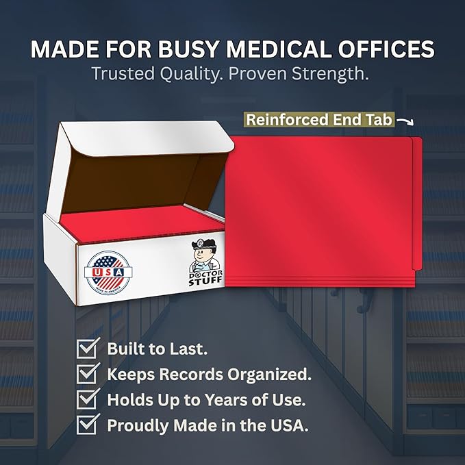 Red File Folders, USA Made, Doctor Stuff, One 2" Bonded Fastener Top Right Position 1, Durable 11pt, Reinforced End Tab File Folders with Prong, Medical Chart, Patient Chart, 50/Box
