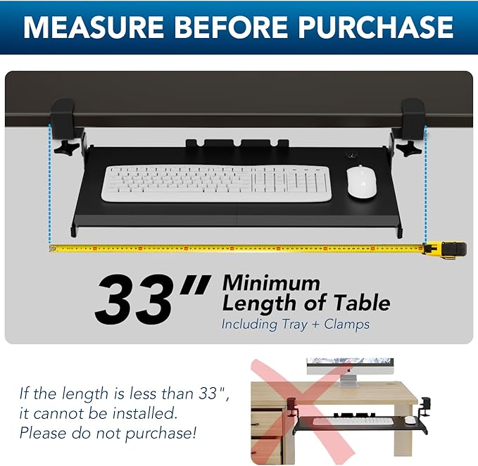 AX WABER Keyboard Tray Under Desk Pull Out with Extra Sturdy Adjustable C Clamp Mount System, 27.3 (32.5 inch Including Clamps) x 11 Inch Slide-Out Platform Computer Drawer for Typing, Black,AX01WB01