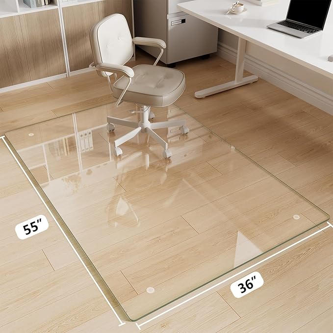 FlyEcho Glass Chair Mat 36" x 55" Heavy Duty Tempered Glass Office Chair Mat, Glass Floor Mat with Round Corner and Polished Edge for Smooth Glide, Carpet Hardwood Floor Protector
