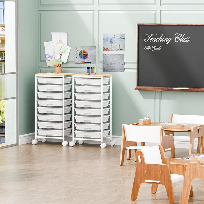 Rolling Cart with 8 Drawers, Art Cart with Large Storage Drawers and Thick Wooden Tabletop, Utility Craft Cart for Living Room, Office, Classroom, Craft Room, Bedroom, Dorm, White