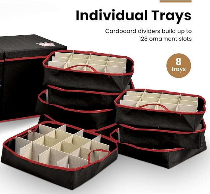 Holiday Cheer Premium Christmas Ornament Storage with 8 Tray – Christmas Storage Container with Dividers Perfect for Holiday Decorations– Fits 128 Holiday Ornaments – Tear-Proof Fabric