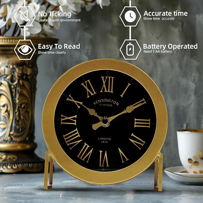YOUKI Vintage Desk Clock, Small Gold Table Clock, Silent Non-Ticking Classic Battery Operated Decorative Mantel Desk Shelf Clock for Living Room Decor