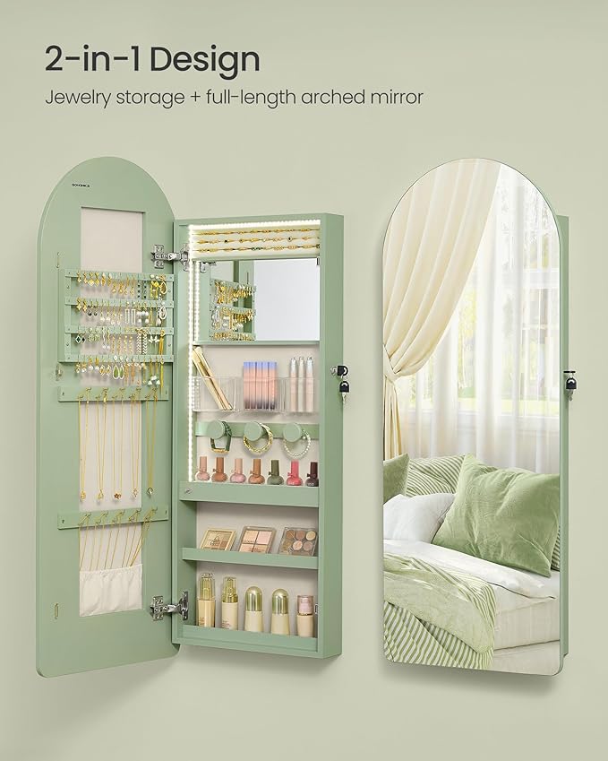 SONGMICS Wide Jewelry Organizer, LED Jewelry Cabinet Wall/Door Mounted, Arched Mirror with Storage, Lockable, Rounded Corner, Interior Mirror, 3.9 x 16.5 x 42.5 Inches, Laurel Green UJJC020C01S
