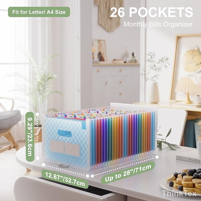ThinkTex Accordion File Organizer, 26 Pockets Expanding File Folders, Monthly Bill Receipt Documents Organizer, A-Z Colorful Tabs, Letter/A4 Size - Blue