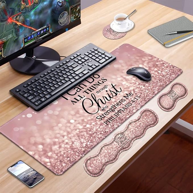 Ergonomic Keyboard Wrist Rest & Mouse Pad Wrist Rest Set,Large XXL Gaming Desk Mat 31.5"x 11.8", Non-Slip Base,Memory Foam, Easy Typing Pain Relief for Office & Home,Quote Bible Verse Philippians 4:13