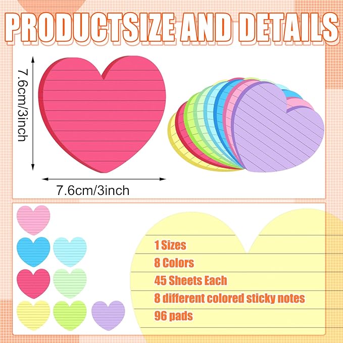 Teling 96 Pcs 4320 Sheets Heart Shaped Sticky Notes Cute Bright Colorful Sticking Power Memo Pads Self Note for Reminders Office School and Home 3 x 3 Inch, 8 Color(Bright Color)