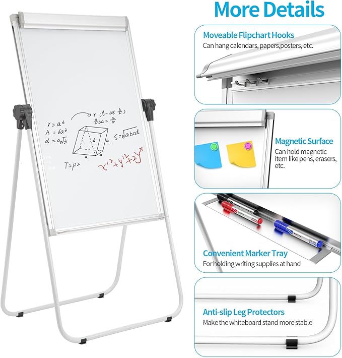 U-Stand Magnetic Whiteboard Easel 36 x 24 Inch, Double Sided Dry Erase Board with Flipchart Paper Pad (25 Sheets)- Height Adjustable Standing Whiteboard for Modern Home Office, Homeschool & Studio