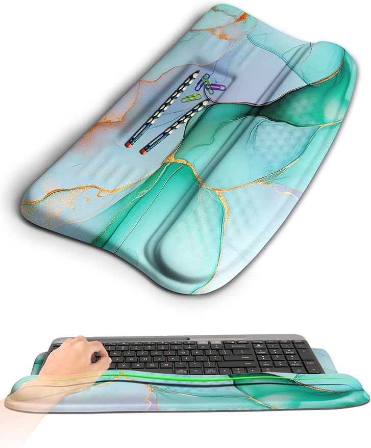 Ergonomic Wave Wrist Rest with Keyboard Stand, Cushioned Palm Rest, Comfortable Integrated Memory Foam for Natural Typing and Relieve Wrist Pain, Green Gold Marble