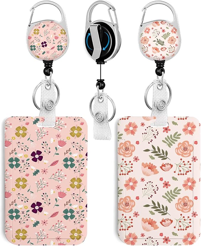 2 Pack Flower Flower 2 ID Badge Holder with Heavy Duty Retractable Reel Keychain for WomenStudents,Teachers, Nurses, Office Use 2