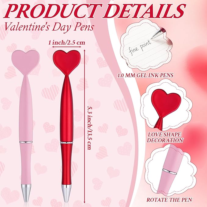 Crtiin 50 Pcs Valentine's Day Heart Shaped Pens Bulk Black Gel Ink Novelty Valentine Party Favor 1.0 mm Heart Ballpoint Pens for Men Women Office Valentine's Day Wedding Party Supply (Red Pink)