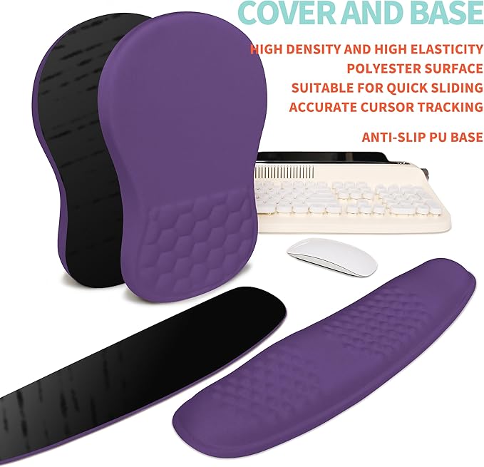 2-in-1 Ergonomic Set, Wave Rise Keyboard Wrist Rest and Massage Bulge Slope Mouse Pad Wrist Support, Cushion Memory Foam Integrated to Relieve Wrist Pain, Dark Purple