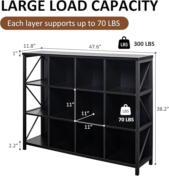 12 Cube Storage Organizer Bookshelf, Industrial Horizontal Bookcase, Accent Cubby Shelf, Corner Bookcase for Living Room, Home Office, 11.8" D x 47.6" W x 38.2" H, Black