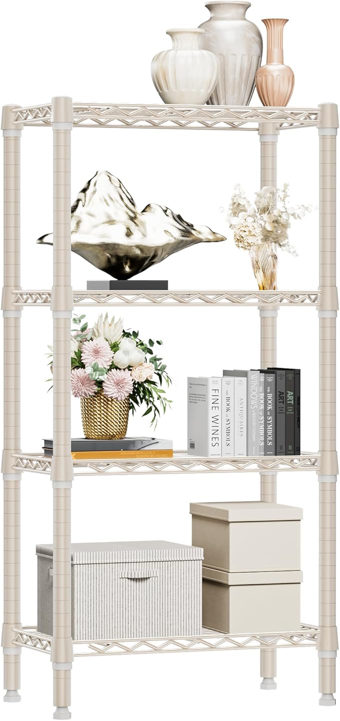 1000 lbs 4-Shelf Standing Storage Shelves Heavy Duty Metal Shelving Unit Adjustable Wire Rack for Office Garage Kitchen, Light Tan 11.8 D x 23.6" W x 47.5" H