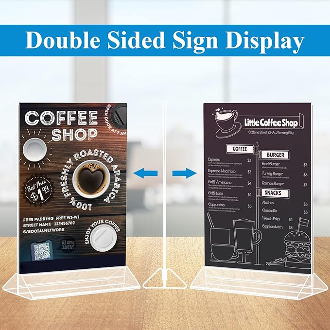 Seencool 5 x 7 Acrylic Sign Holder - Clear Wedding Table Number Holder, Double Sided Picture Frames with Vertical Stand, T Shape Desktop Display Stand for Office, Home, Store, Restaurant