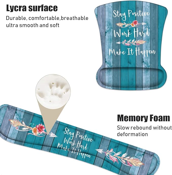 Keyboard Wrist Rest and Mouse Pad Wrist Support Set with Coasters, Stay Positive Work Hard and Make It Happen Inspirational Quote Wrist Mouse Pad with Non-Slip PU Base for Home Office Working Studying