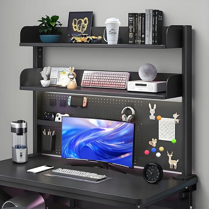 Clamp On Desk Shelf Desktop Hutch Bookshelf Desk Organizer Storage Shelves with Pegboard DIY Display Stand Adjustable Space-Saving Suitable for Dormitories,Studies,Offices,Workbenches