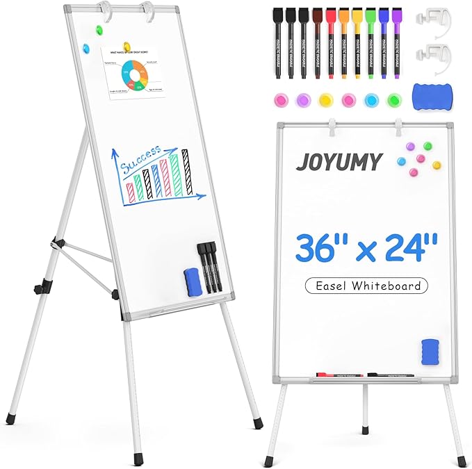 Magnetic Dry Erase Board with Stand 36x24in Whiteboard Easel with Height Adjustable Tripod, 3' x 2' Flipchart Easel Stand Presentation Board with Markers, Eraser & Magnets for School Office and Home