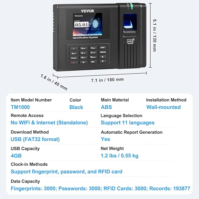 VEVOR Time Clock, Employee Attendance Machine with Fingerprint, RFID and PIN Punching in One, Standalone Biometric Clock in Machine for Employees Small Business with 5 RFID Cards & No Monthly Fees