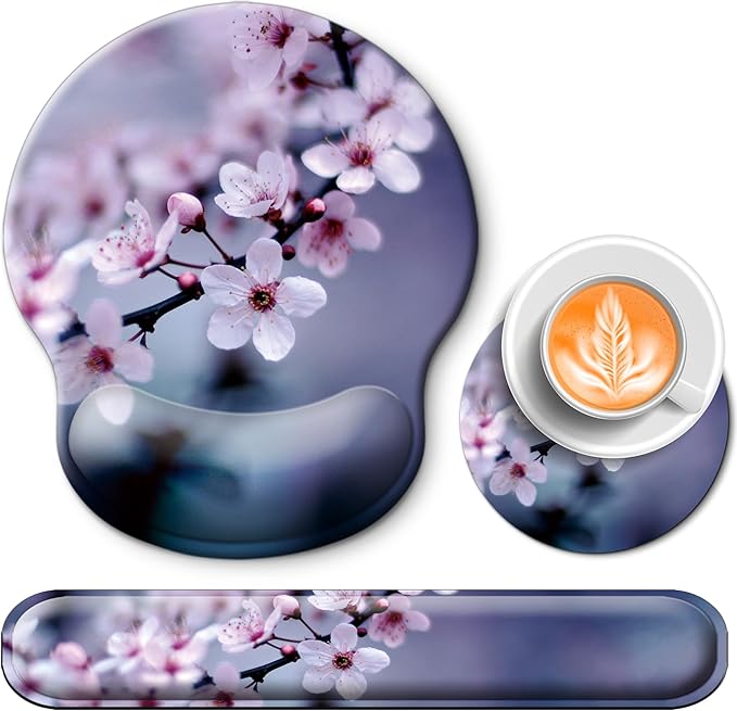 Mouse Pad and Keyboard Wrist Rest Support, with Non-Slip PU Base,Gel Mouse Pad with Coaster,Pain Relief for Gaming, Computer,Office -Cherry Blossom