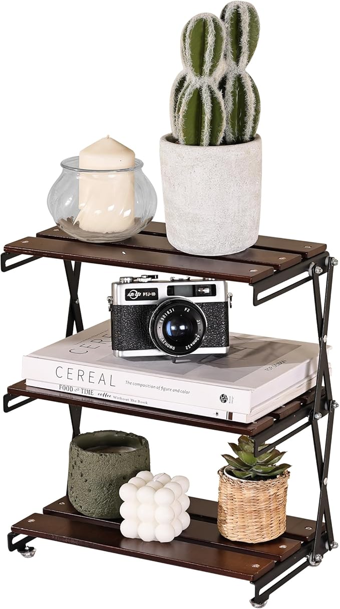 Desk Shelf Organizer 3 Tiers Wood Compact Desk Organizer Storage Rack Metal Frame Office Desk Shelf Organizers,Walnut