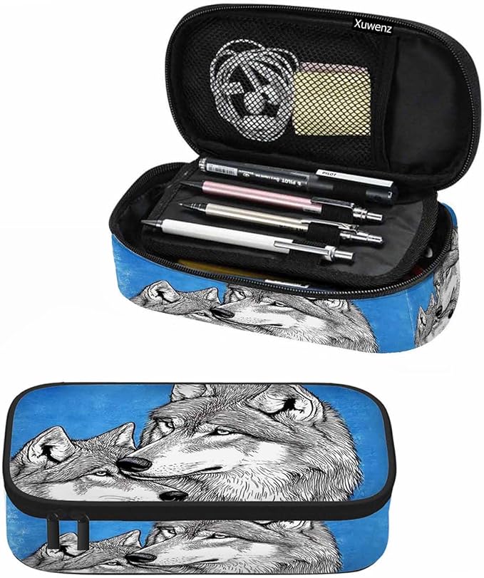 Wolves Pencil Case Organizer Beast Wolf Animal Blue Stationery Box Makeup Box School Supply for Boy Girl Men Women