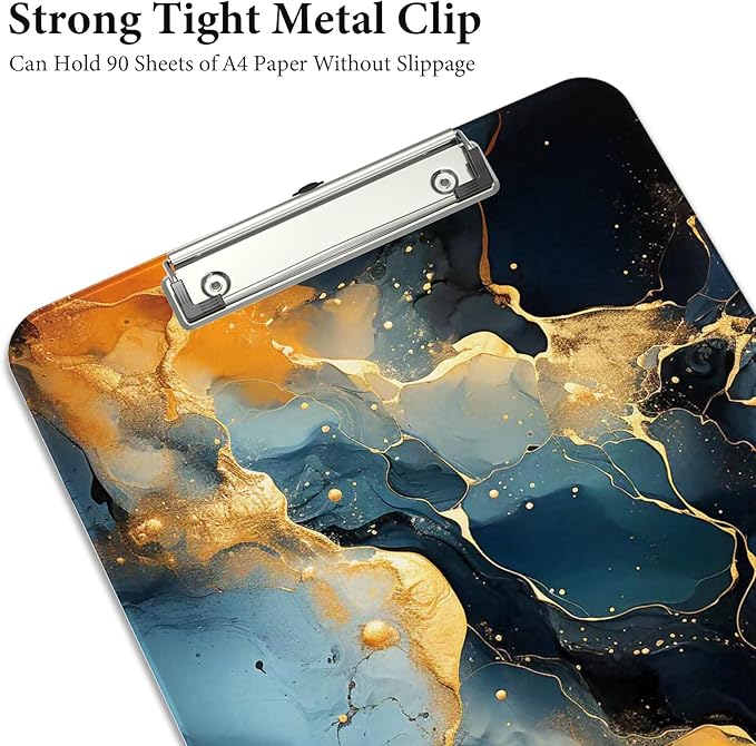Rimilak Plastic Clipboards with Metal Clip, A4 Letter Size 9 x 12.5 in, Office Decorative for Students Women Men and Kids, Cute Custom Pattern, Black Gold Marble