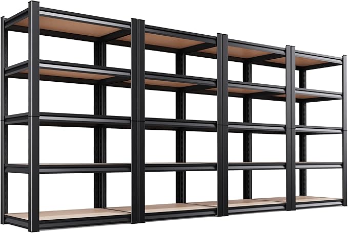 AOAORRG Set of 4 Garage Shelving Heavy Duty Storage Shelves, 5-Tier Metal Adjustable Shelving Unit, Utility Garage Organizer Shelf Rack for Basement, Pantry, Warehouse, 31.5"W x 13.8"D x 71.2"H, Black